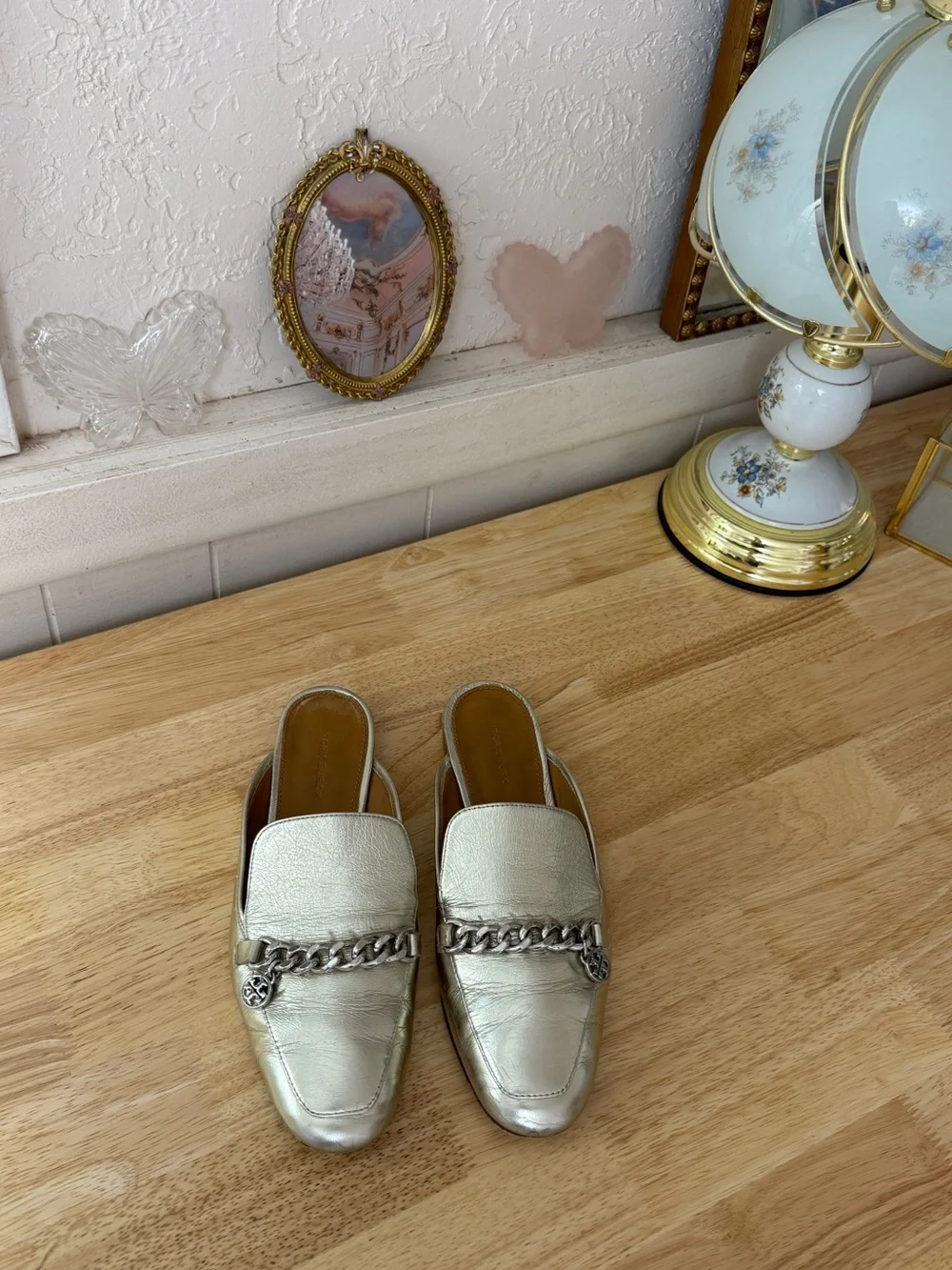 Tory Burch Metallic Silver Leather Chain Loafer Mules Size 7 Classic Minimalist